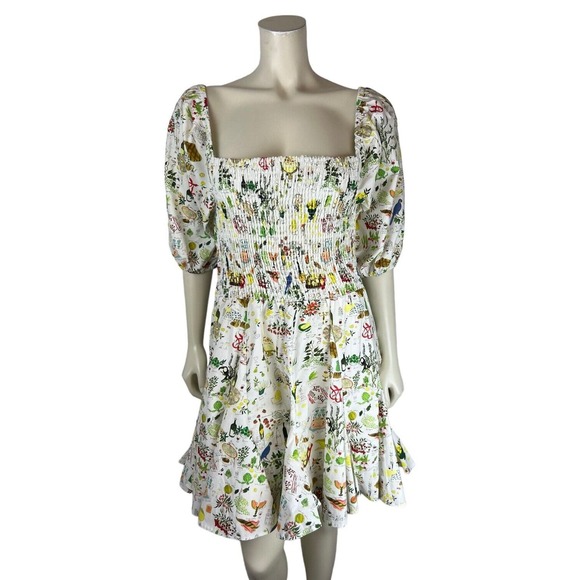 NEW Rhode Astrid Smocked Printed Dress Size L Puff Sleeve Picnic White Pleat - Picture 1 of 12